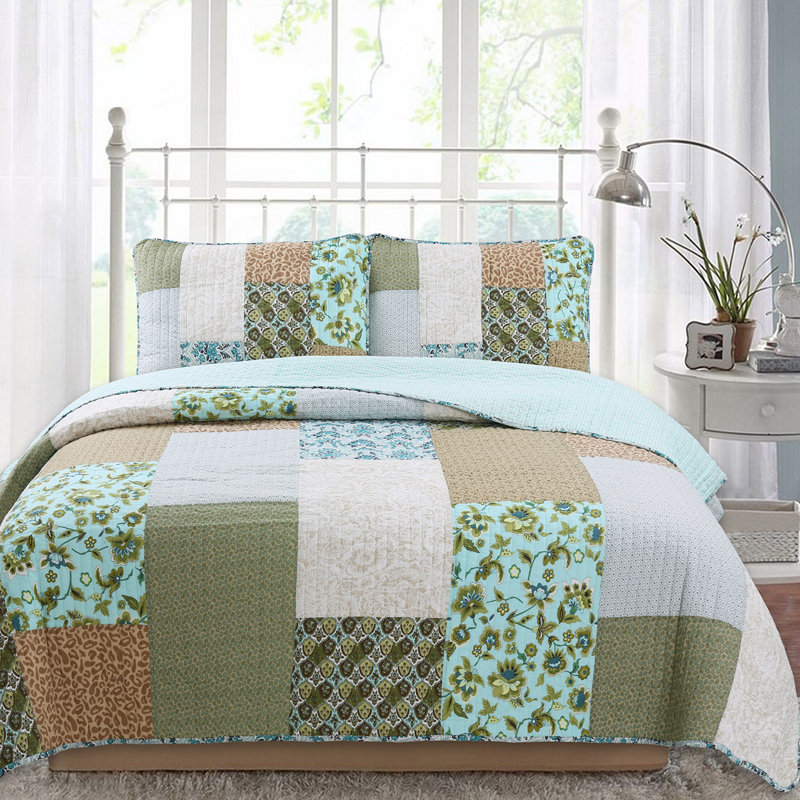Rosalind Wheeler Ethelinde Olive Green/Aqua/Beige 180 TC Reversible Quilt Set Wayfair.ca